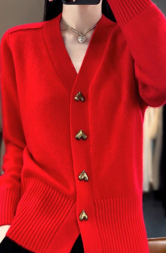 Knit Cardigan for Women | Soft Knit, Heart Buttons | Red