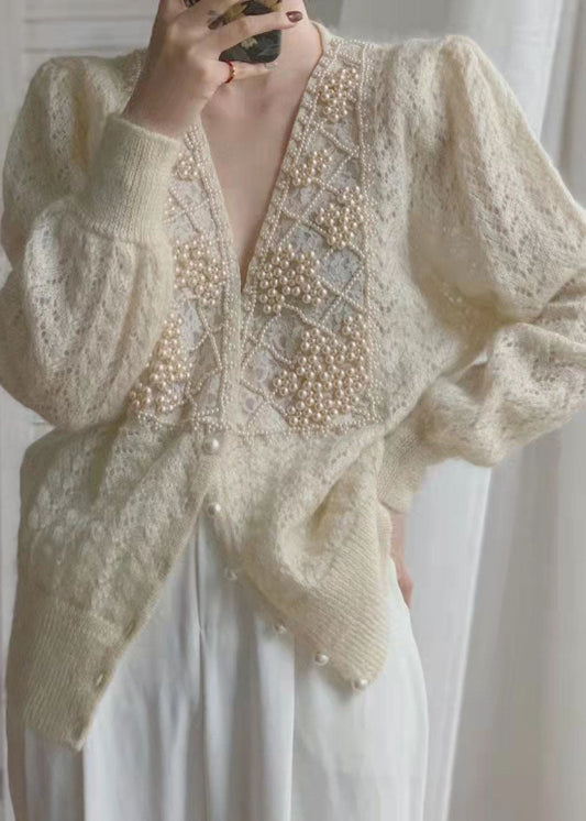 Knit Coat for Women | Pearl Button Detail | Beige
