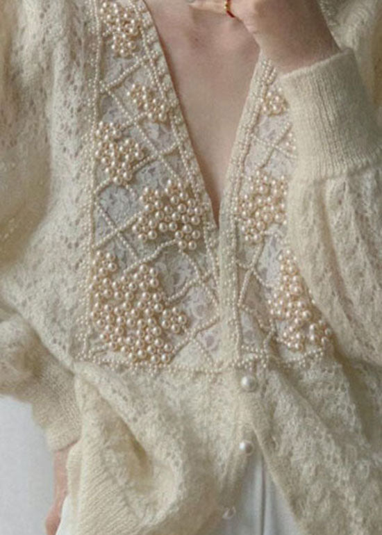 Knit Coat for Women | Pearl Button Detail | Beige1