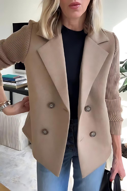 Knit Sleeves Blazer for Women | Tailored, Hip-Length | Brown