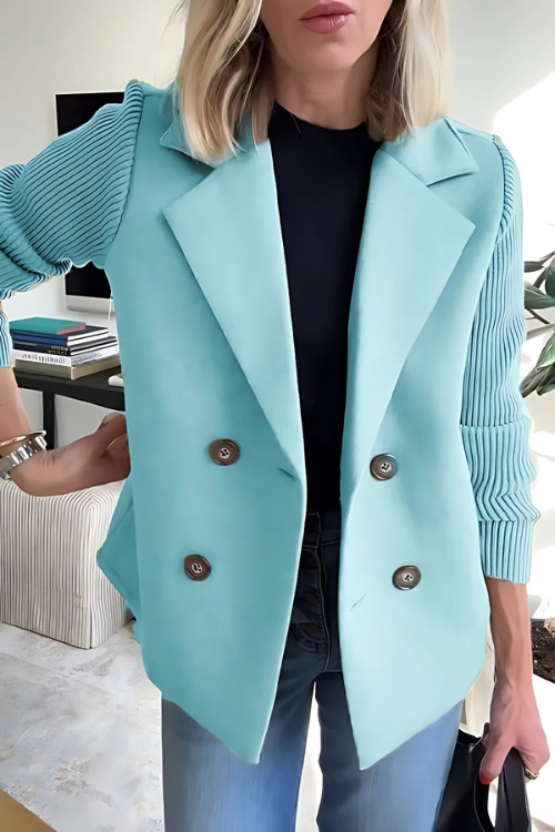 Knit Sleeves Blazer for Women | Tailored, Hip-Length | Light Blue