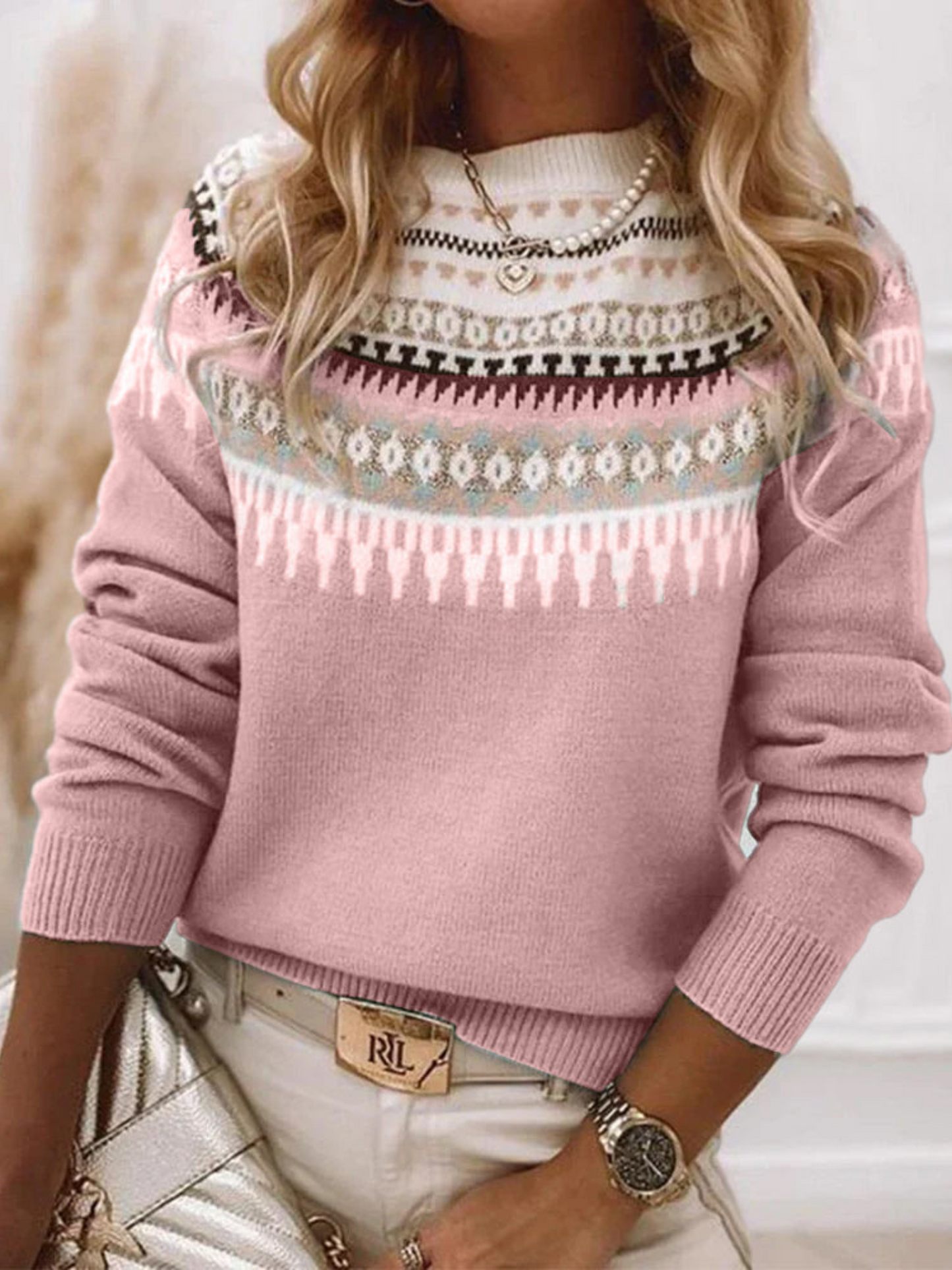 Knitted Sweater for Women |  Hip-Length | Pink