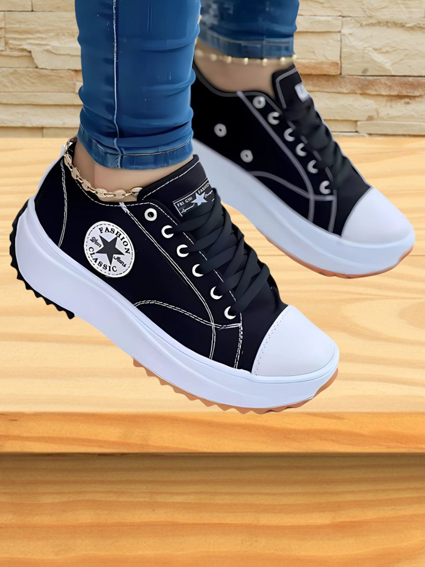 Lace-Up Sneakers with Anti-Slip and Thick Sole | Black1