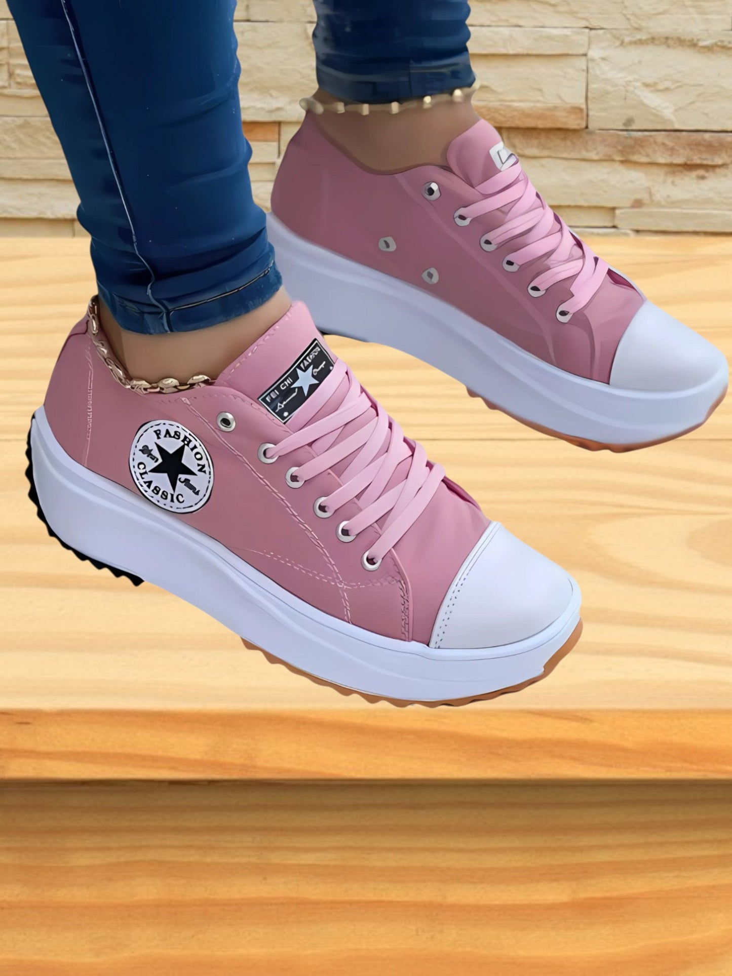 Lace-Up Sneakers with Anti-Slip and Thick Sole | Pink1