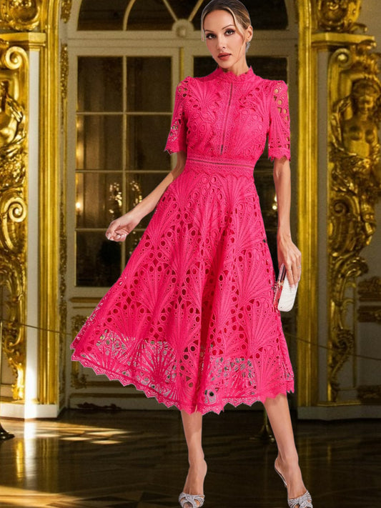 Lace Midi Dress with Flattering Scoop Neckline | Pink