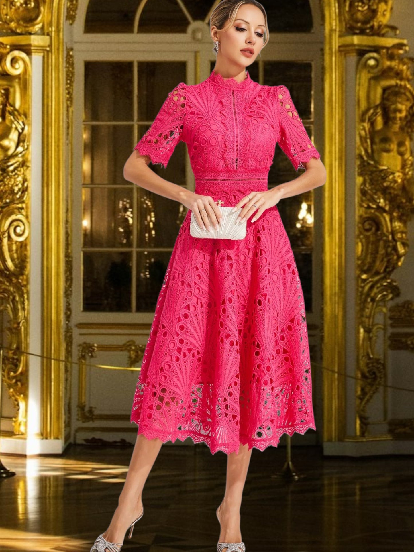 Lace Midi Dress with Flattering Scoop Neckline | Pink 2