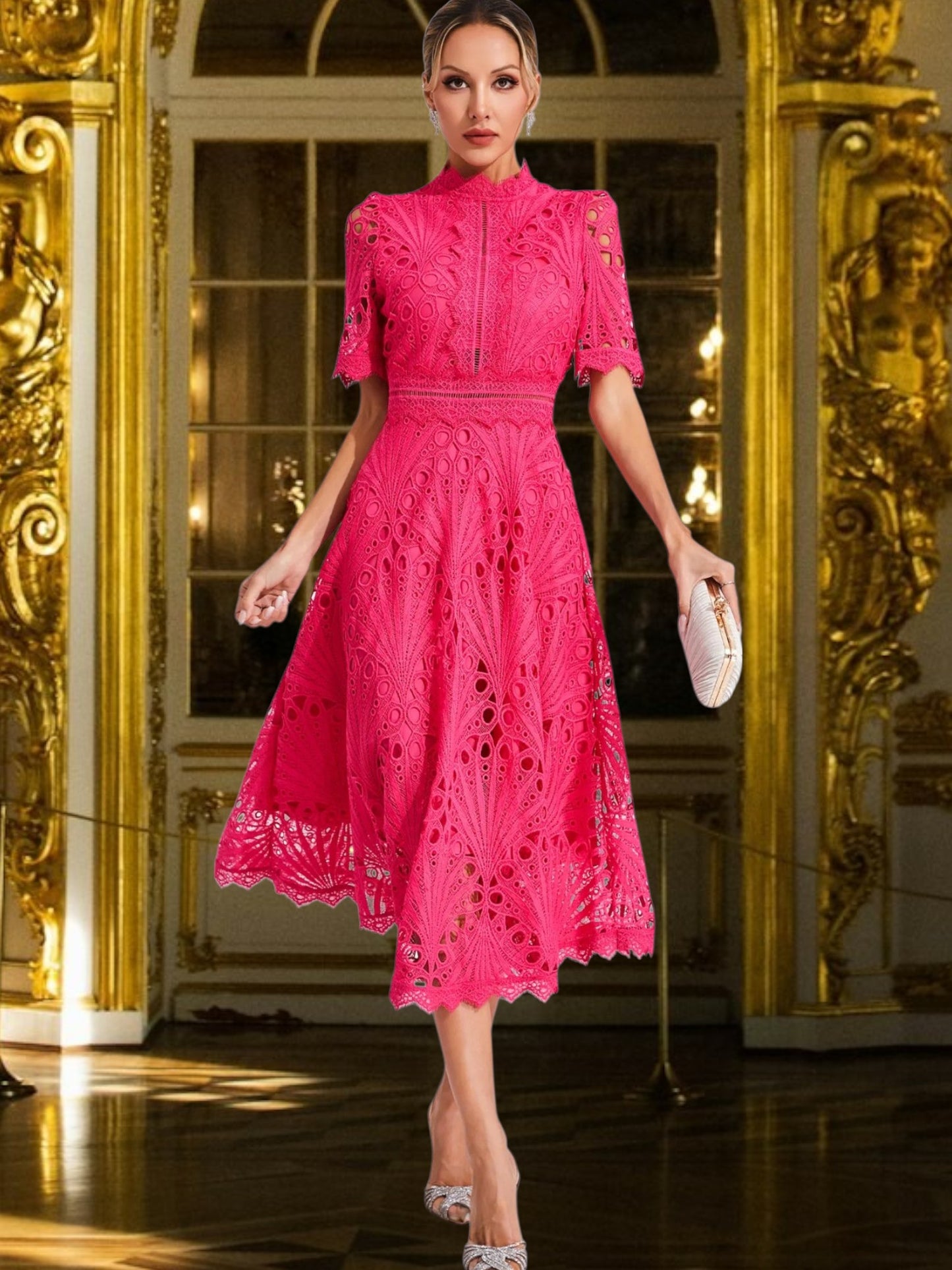Lace Midi Dress with Flattering Scoop Neckline | Pink 3