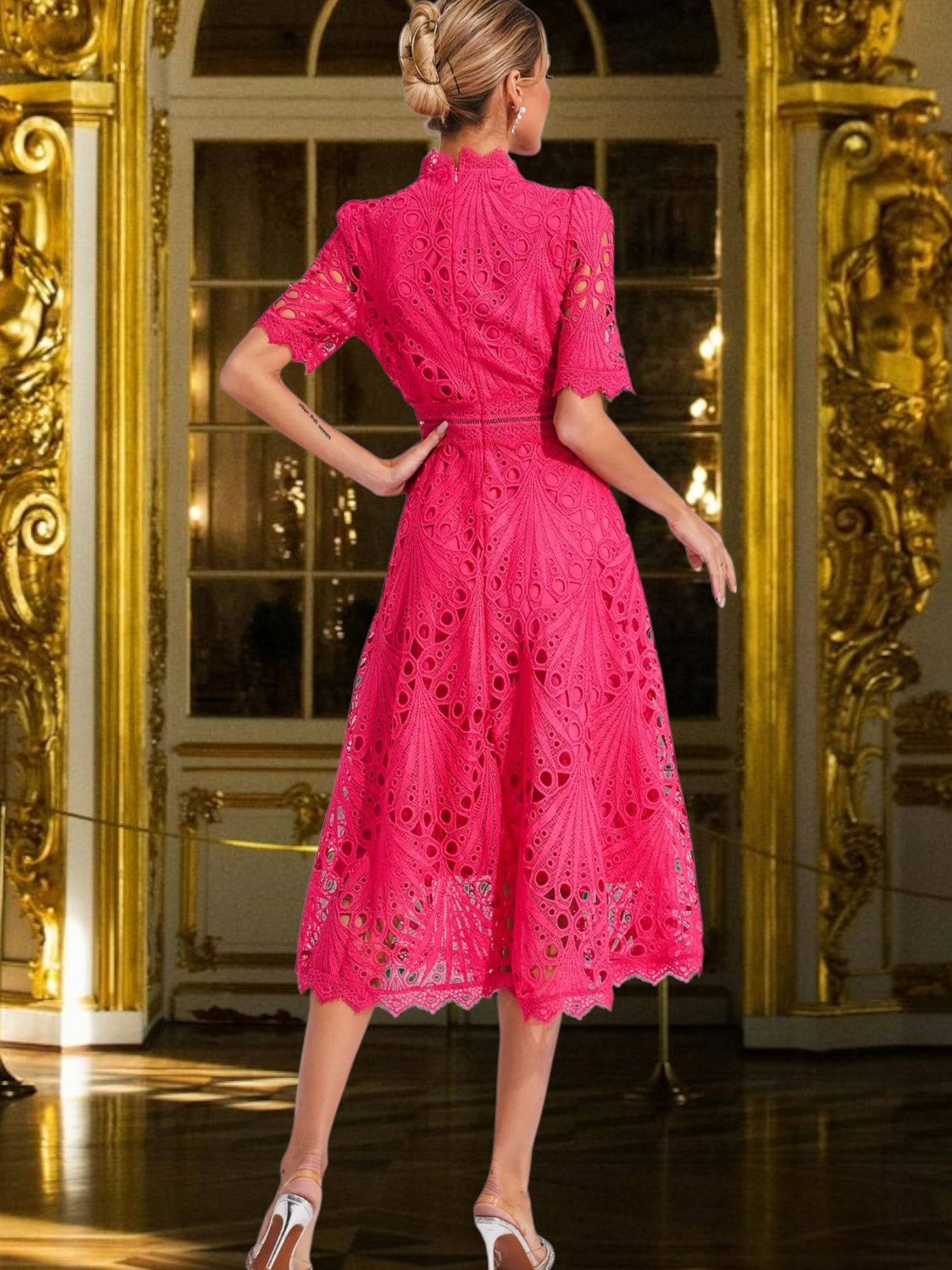Lace Midi Dress with Flattering Scoop Neckline | Pink 4