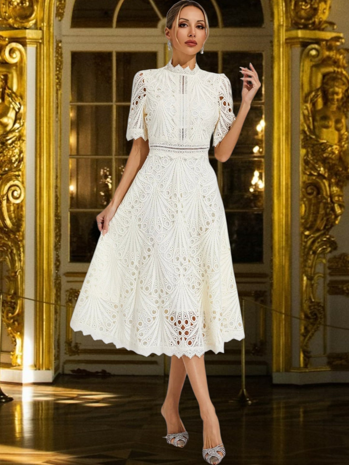 Lace Midi Dress with Flattering Scoop Neckline | white