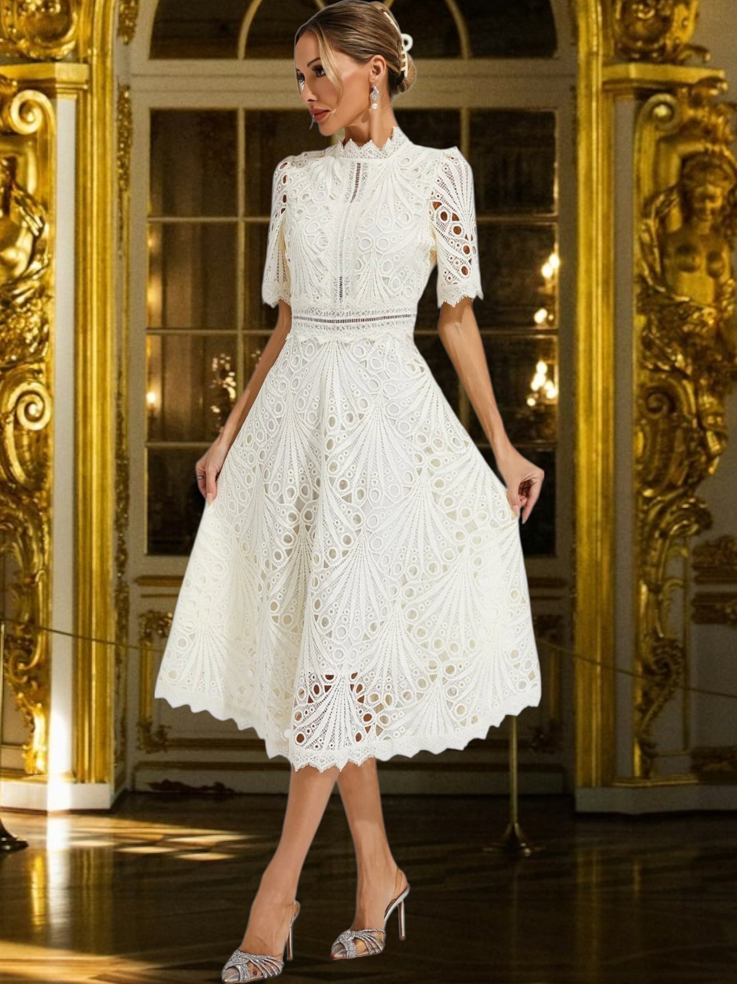 Lace Midi Dress with Flattering Scoop Neckline | white 2