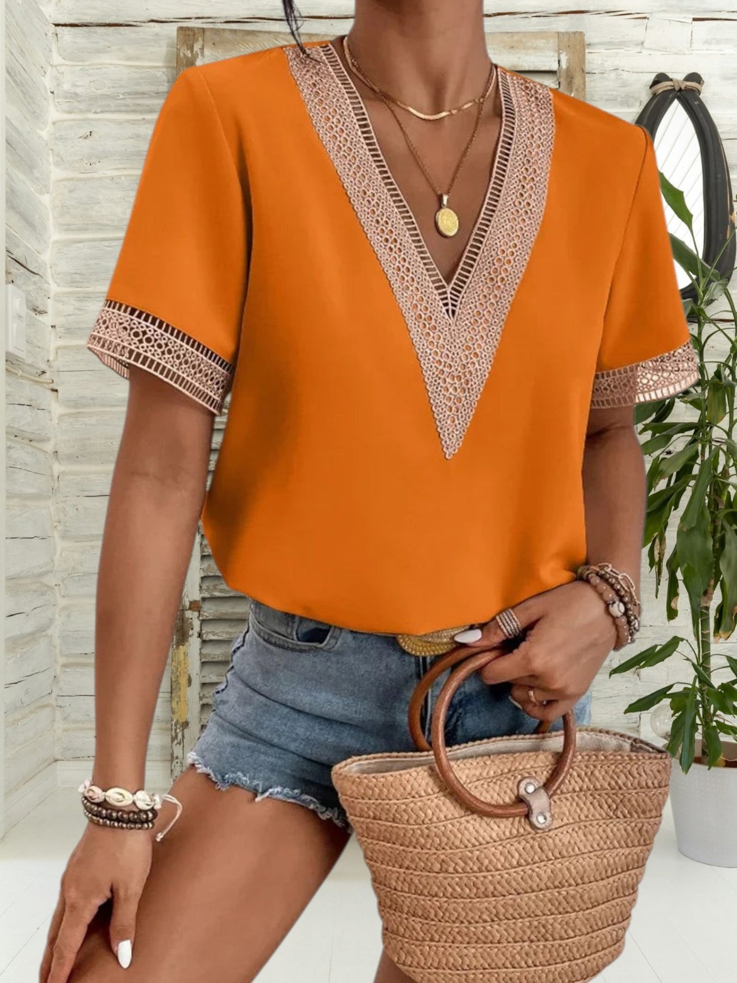 Lace V-Neck Blouse with Short Sleeves and Breathable fabric | Orange