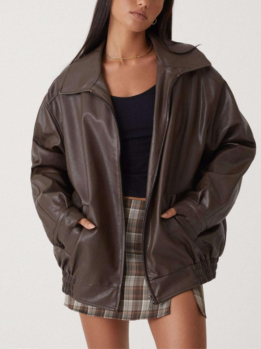 Leather Jacket Women | Oversized Fit | Winter | Brown