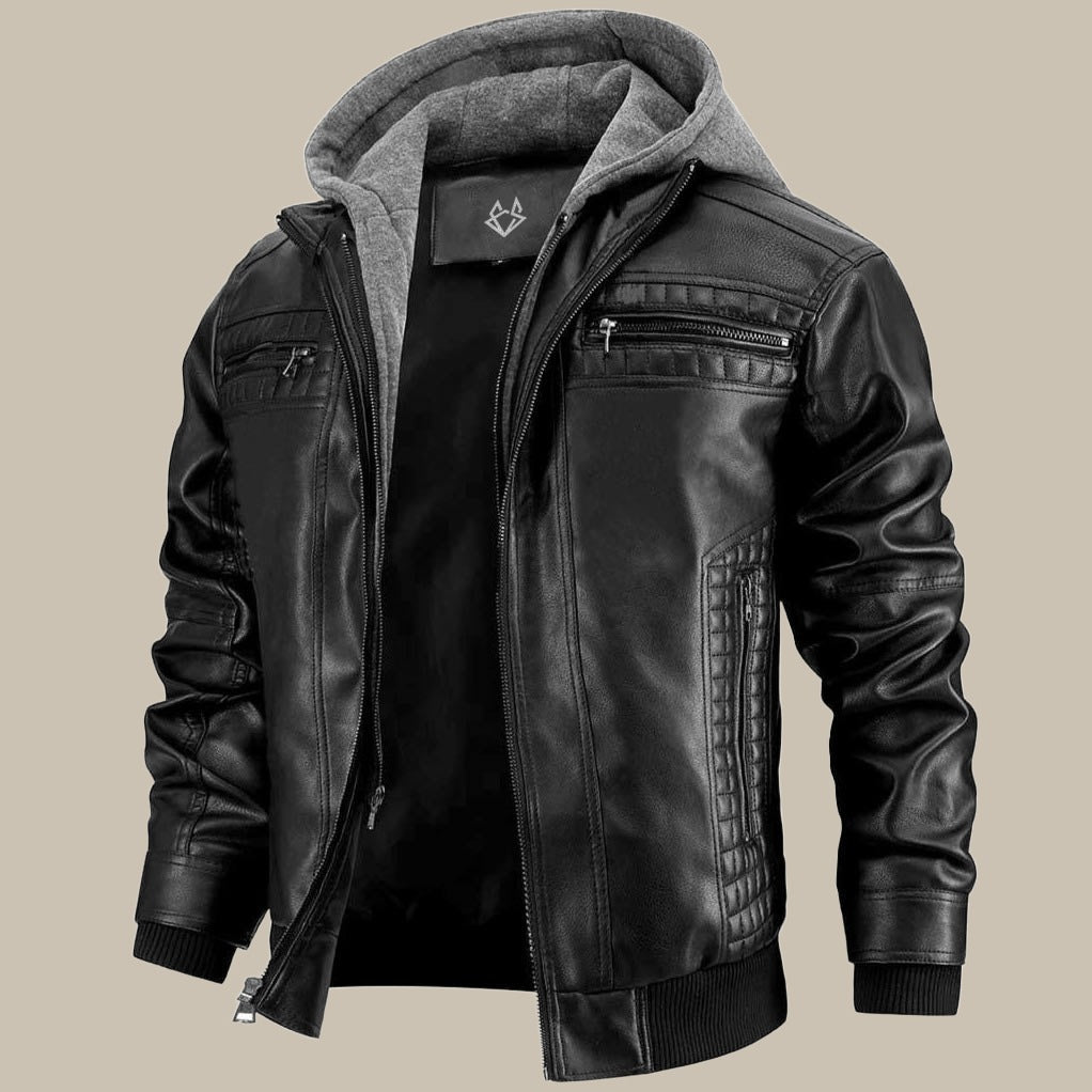 Leather Jacket for Men with Removable Hood | Regular Fit | Black
