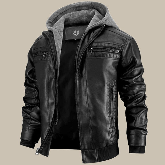 Leather Jacket for Men with Removable Hood | Regular Fit | Black