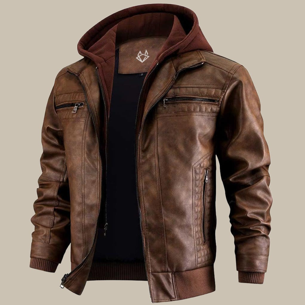 Leather Jacket for Men with Removable Hood | Regular Fit | Brown