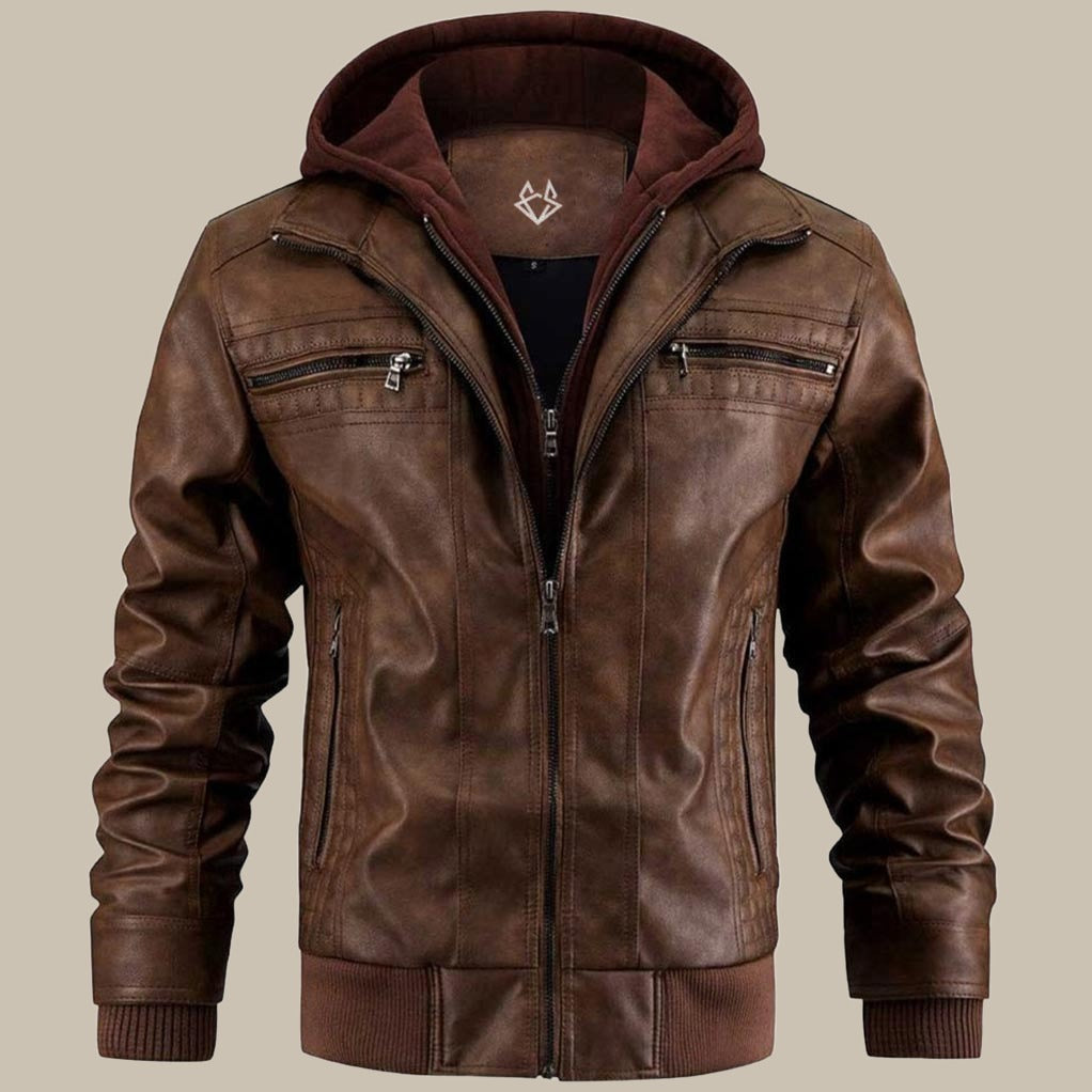 Leather Jacket for Men with Removable Hood | Regular Fit | Brown1