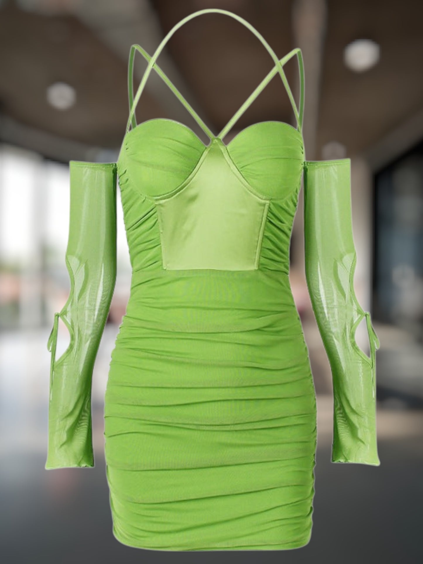 Lenyra | Elegant Women's Mini Dress with Cut-Out Details and Sheer Sleeves | Green 2
