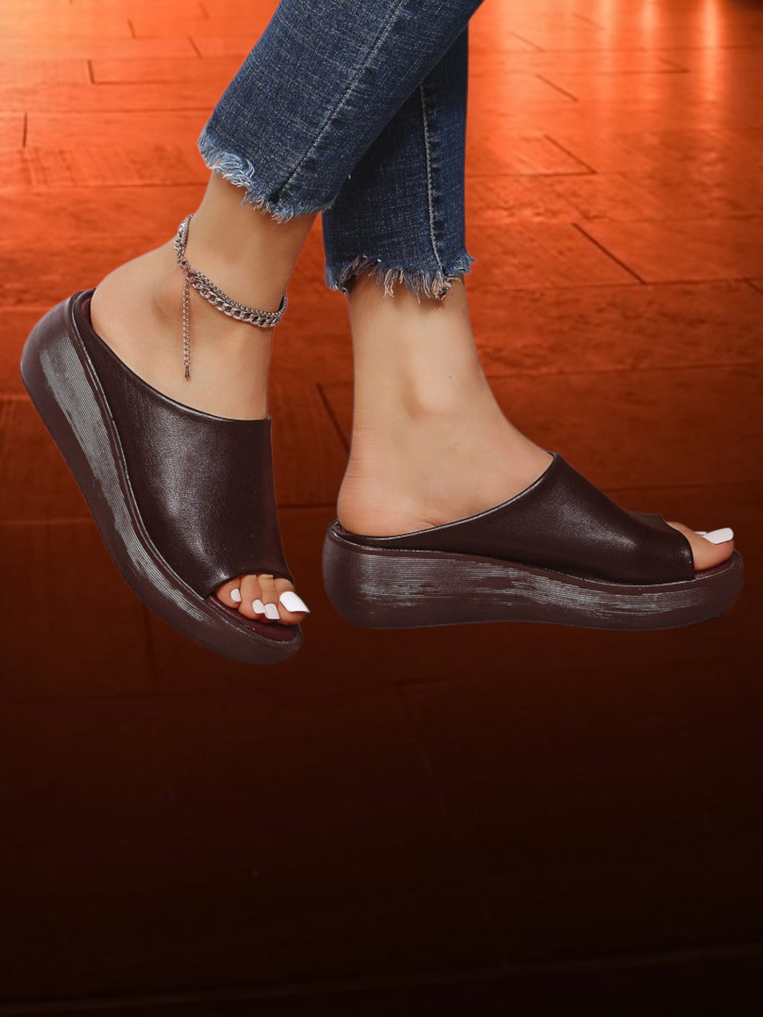 Lightweight Slip-On Sandals with Mid Heel, Synthetic Upper, and Rubber Sole | Brown 2