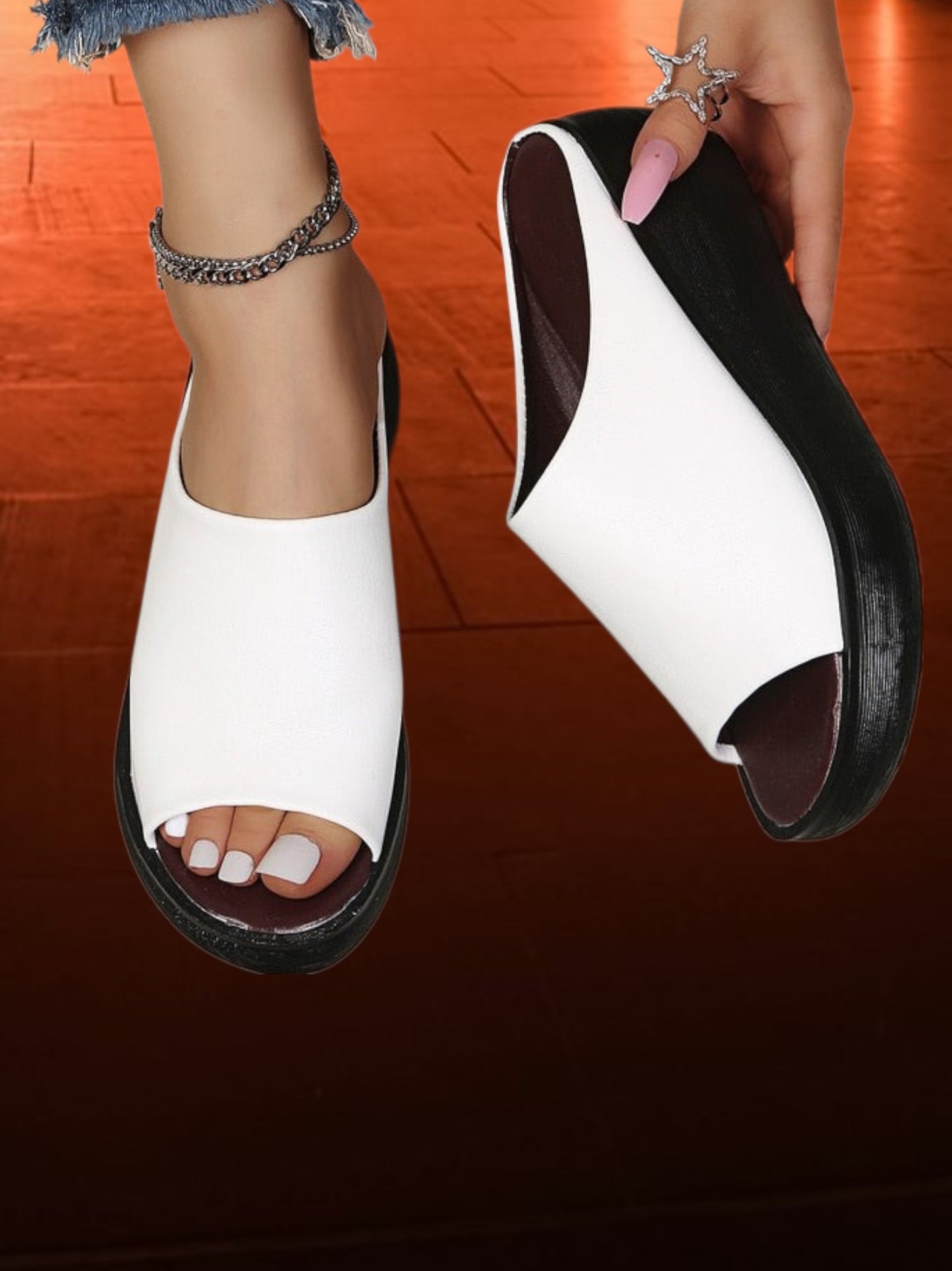 Lightweight Slip-On Sandals with Mid Heel, Synthetic Upper, and Rubber Sole | White