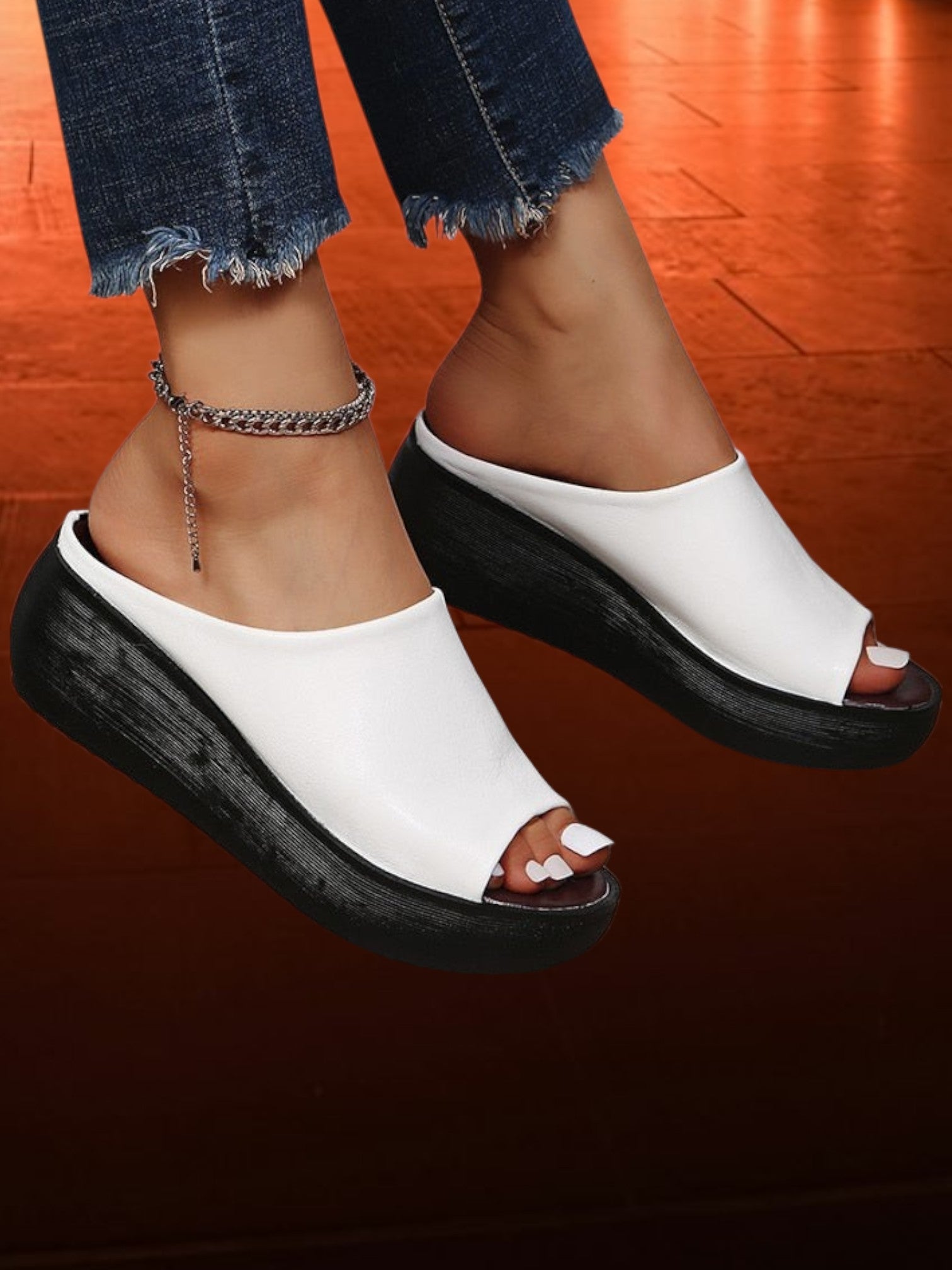 Lightweight Slip-On Sandals with Mid Heel, Synthetic Upper, and Rubber Sole | White 2