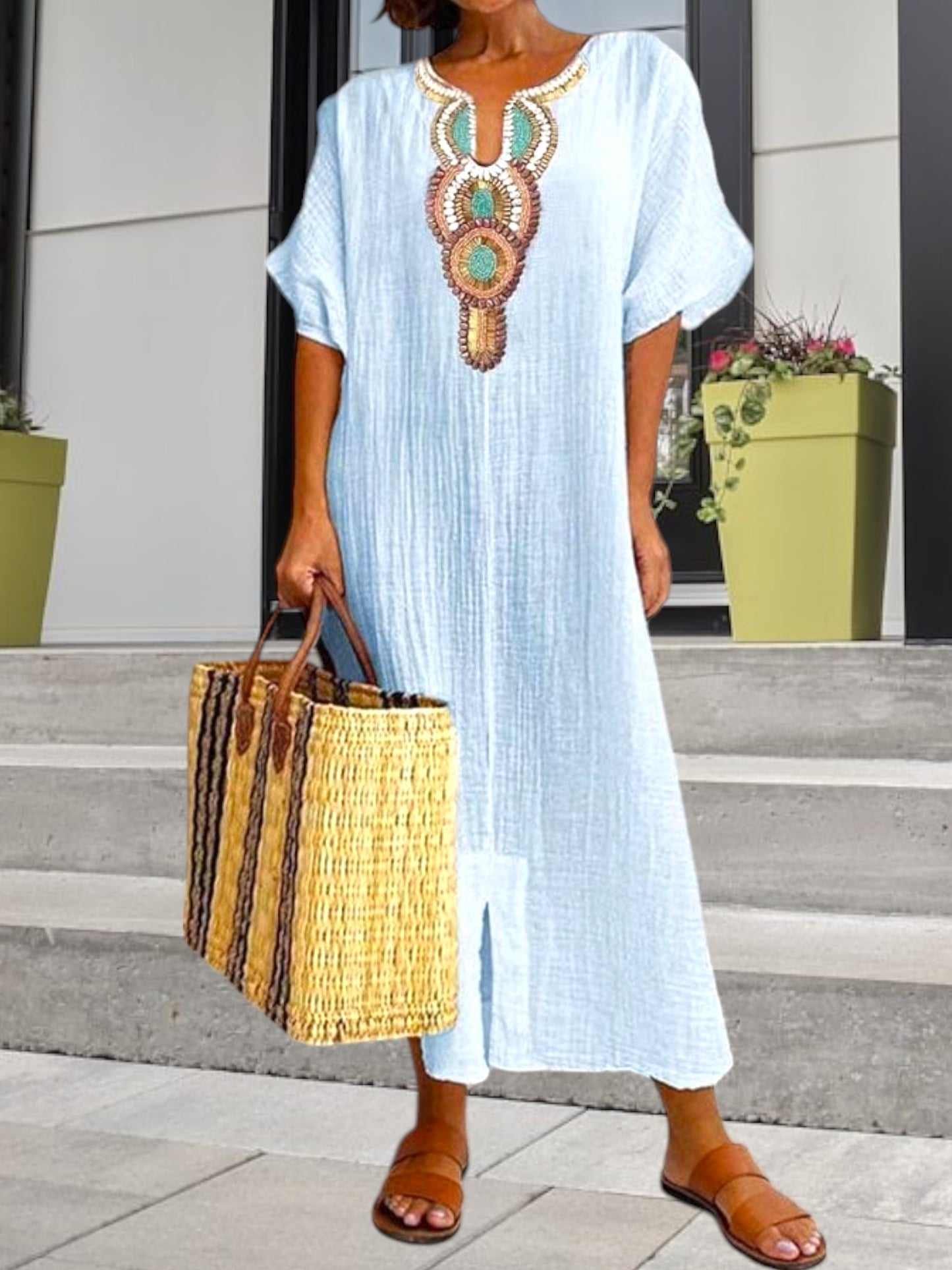 Lightweight Summer Kaftan Dress with Short Sleeves and Embroidered Design | Light Blue