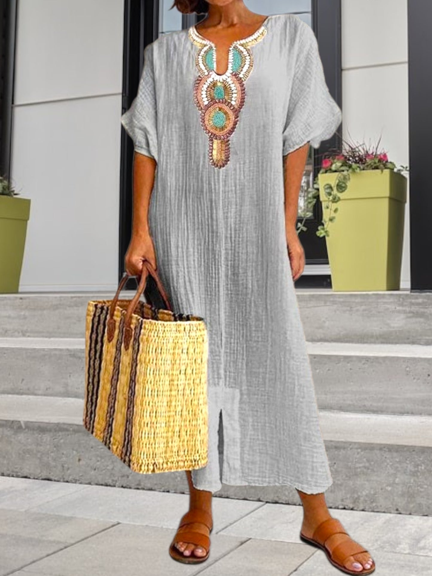 Lightweight Summer Kaftan Dress with Short Sleeves and Embroidered Design | Light Gray