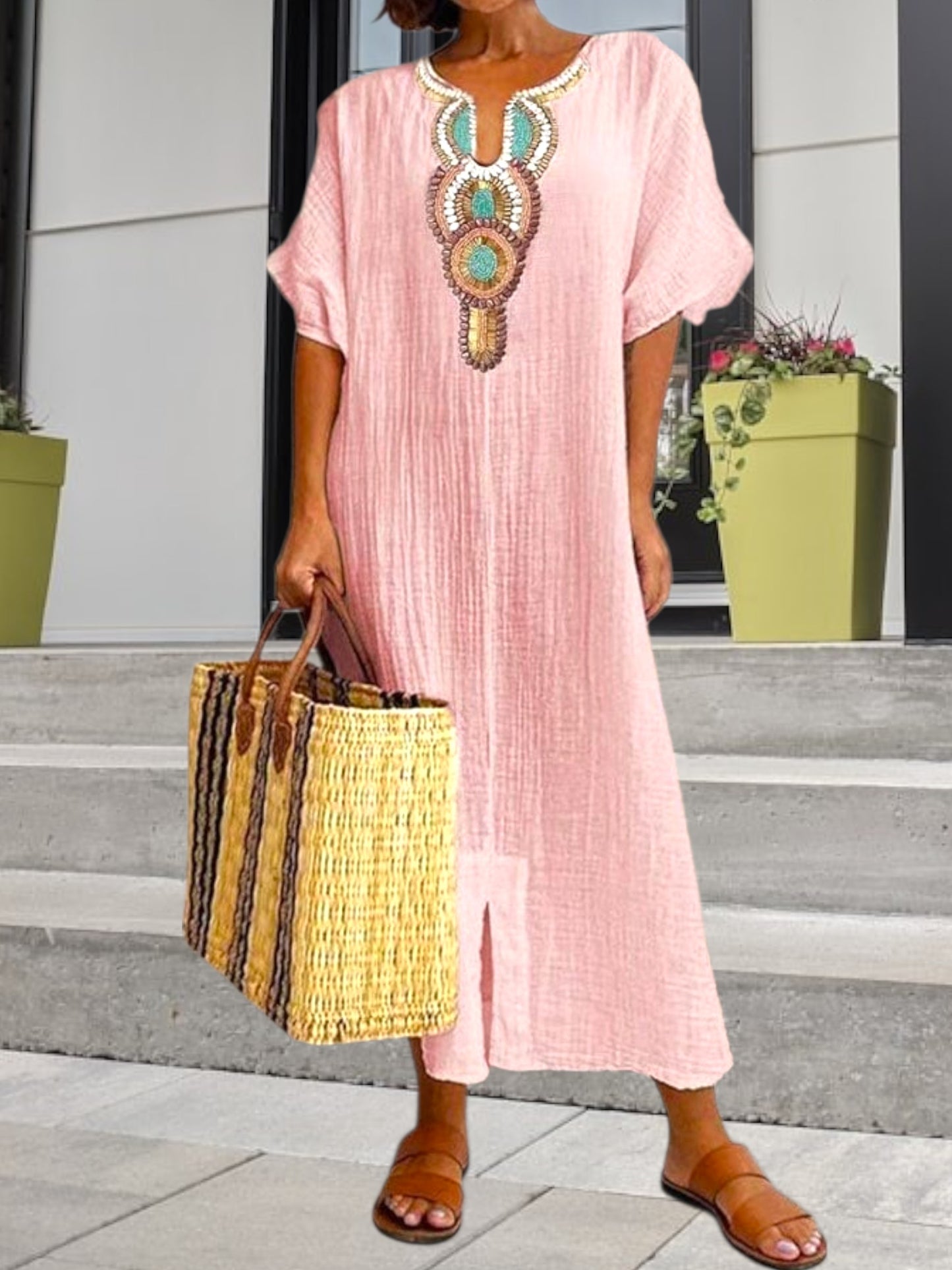 Lightweight Summer Kaftan Dress with Short Sleeves and Embroidered Design | Pink