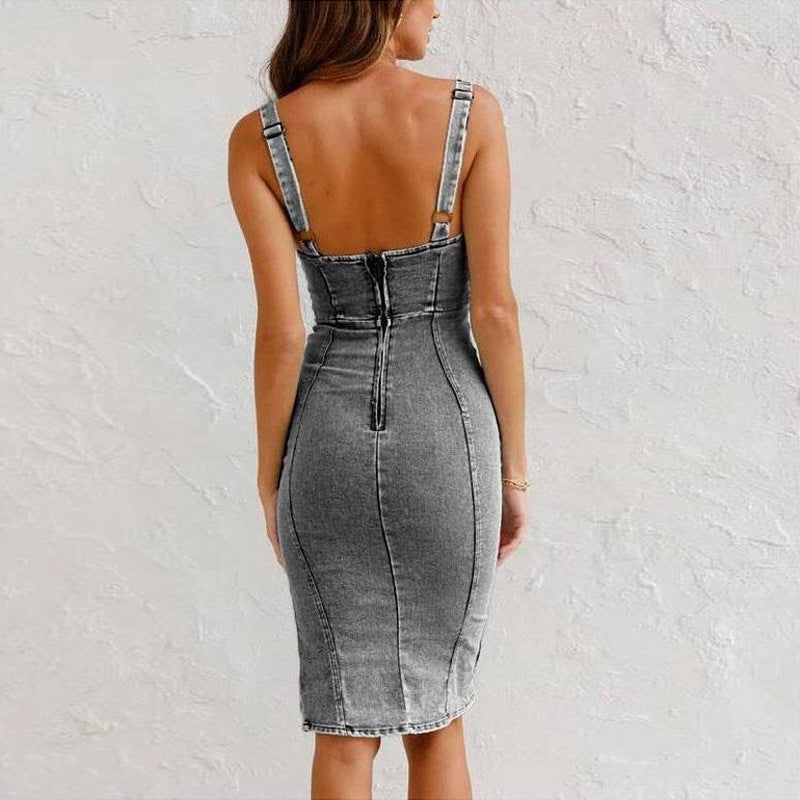 Women's Casual Chic Denim Midi Dress – Versatile & Flattering Dress