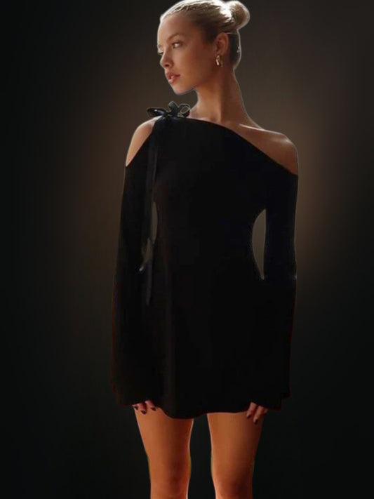 Lira | Womens Off-Shoulder Summer Dress with Asymmetrical Design and Adjustable Straps | Black