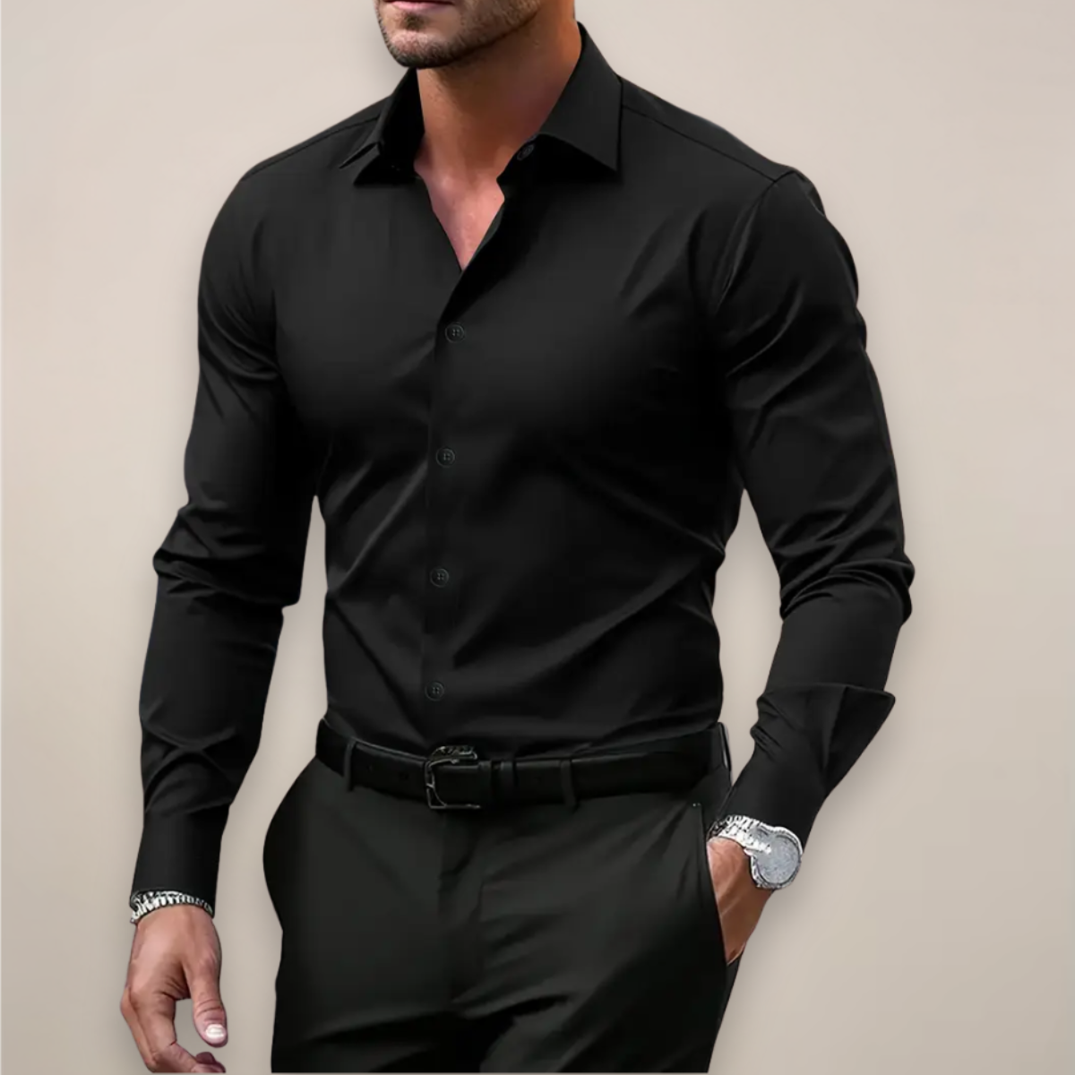 Long-Sleeve Shirt for Men | Regular Fit, Notched Collar | Black