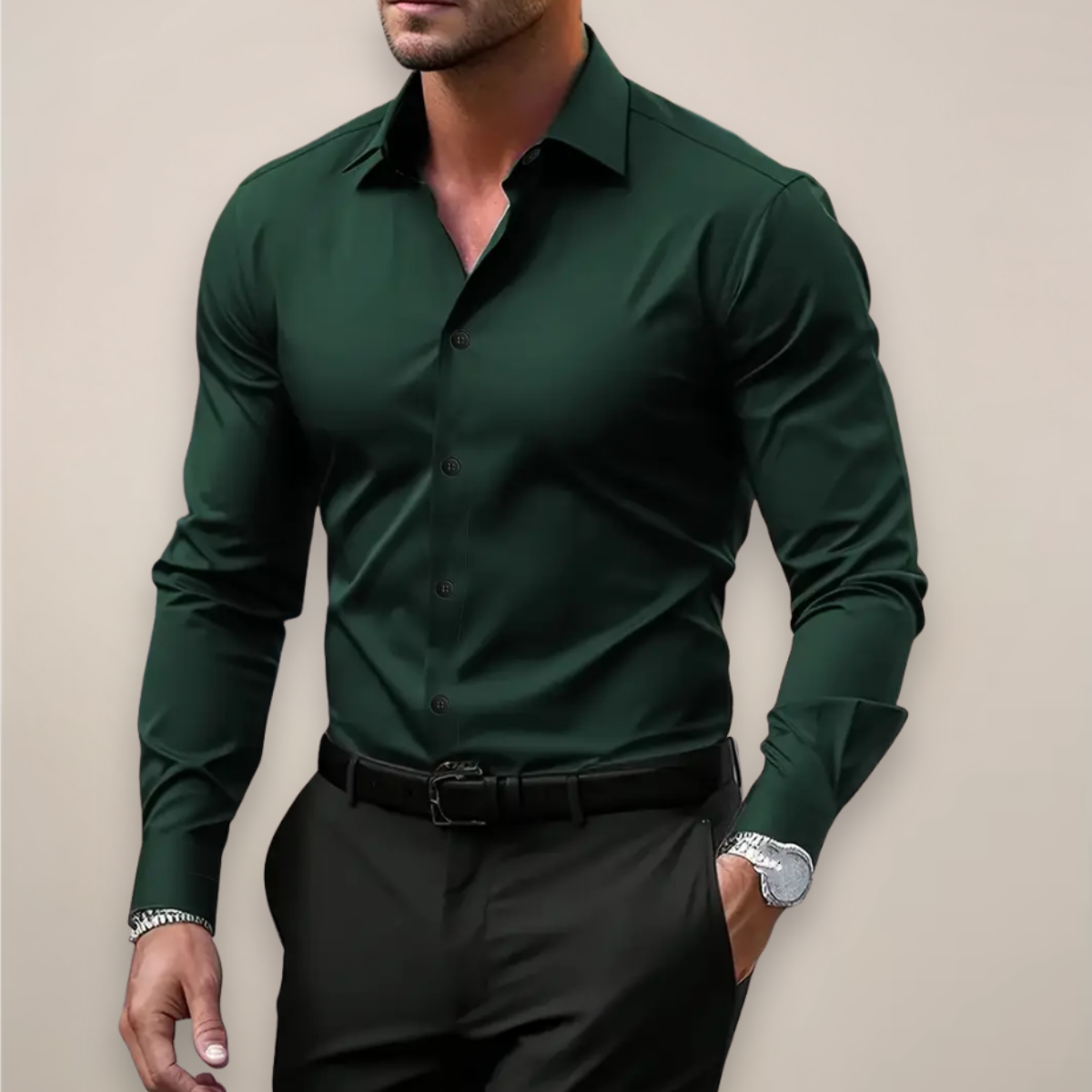 Long-Sleeve Shirt for Men | Regular Fit, Notched Collar | Dark Green