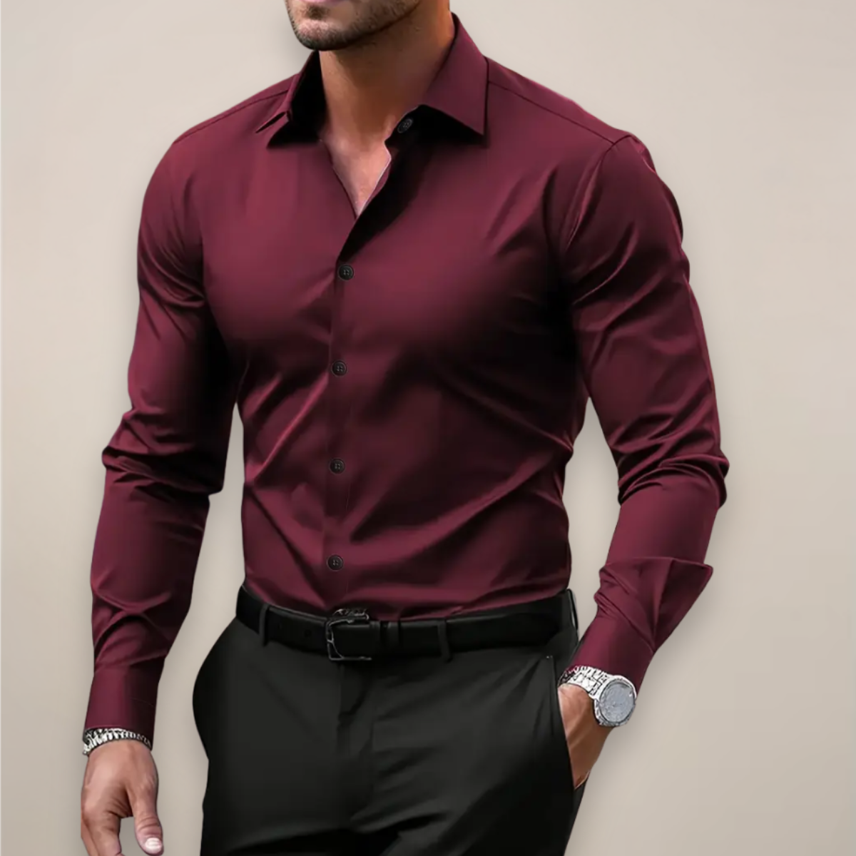 Long-Sleeve Shirt for Men | Regular Fit, Notched Collar | Wine Red