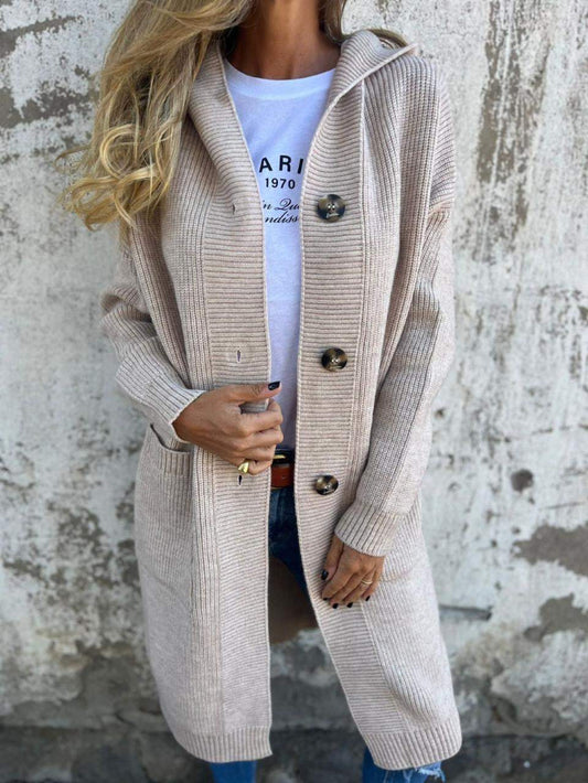 Long Cardigan for Women, Knitted, Hooded | Relaxed Fit | Beige