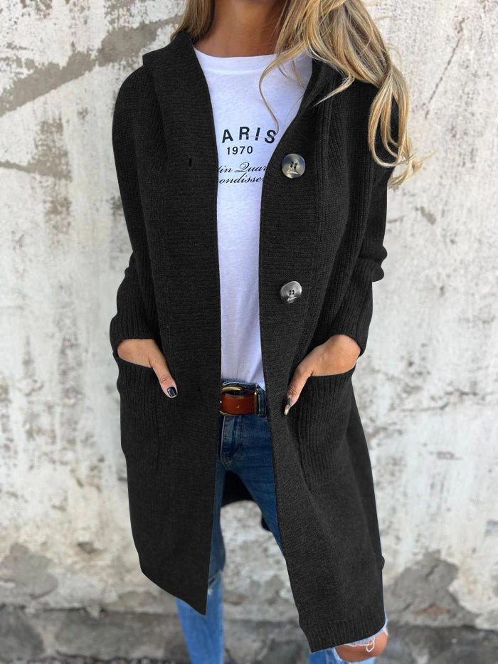 Long Cardigan for Women, Knitted, Hooded | Relaxed Fit | Black