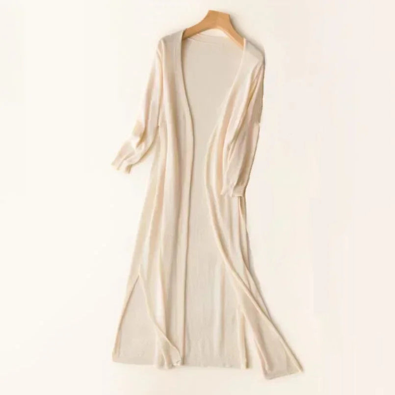 Long Cardigan for Women | Lightweight V-Neck | Beige