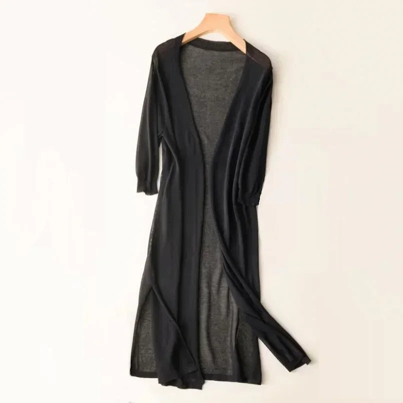 Long Cardigan for Women | Lightweight V-Neck | Black
