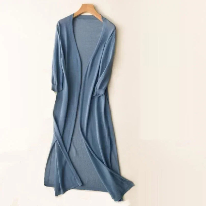 Long Cardigan for Women | Lightweight V-Neck | Blue