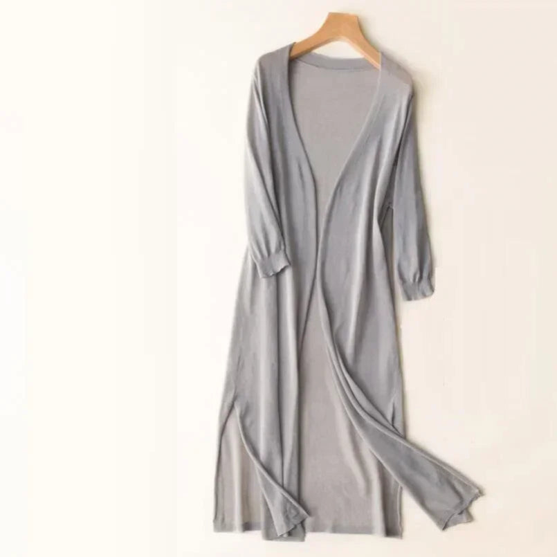 Long Cardigan for Women | Lightweight V-Neck | Gray