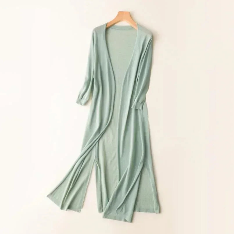 Long Cardigan for Women | Lightweight V-Neck | Green