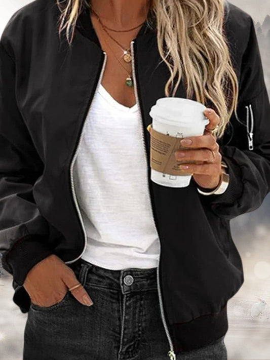 Long Sleeve Bomber Jacket with Zipper Closure and Ribbed Details | Black