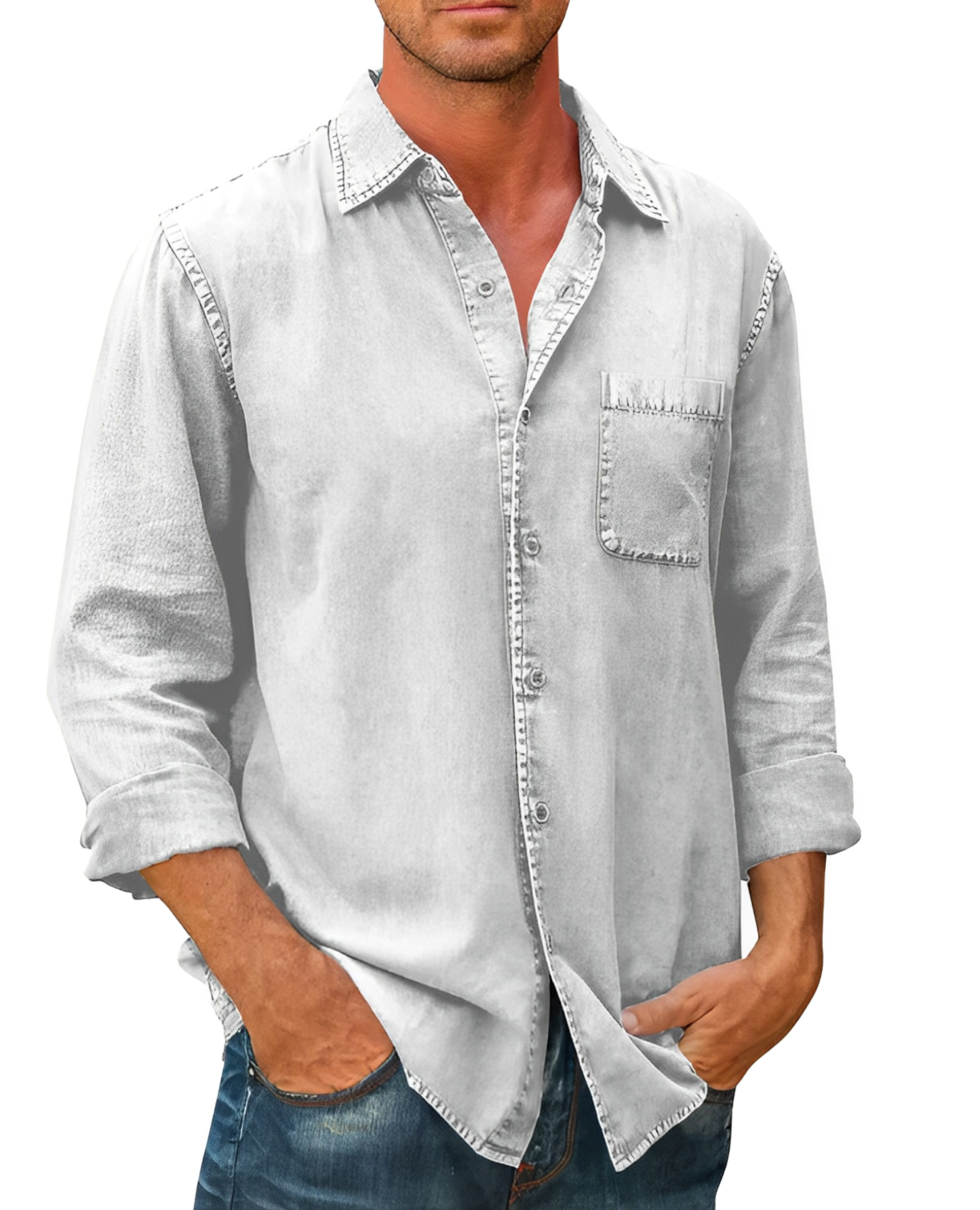 Long Sleeve Polo Shirt for Men | Casual Fit | White