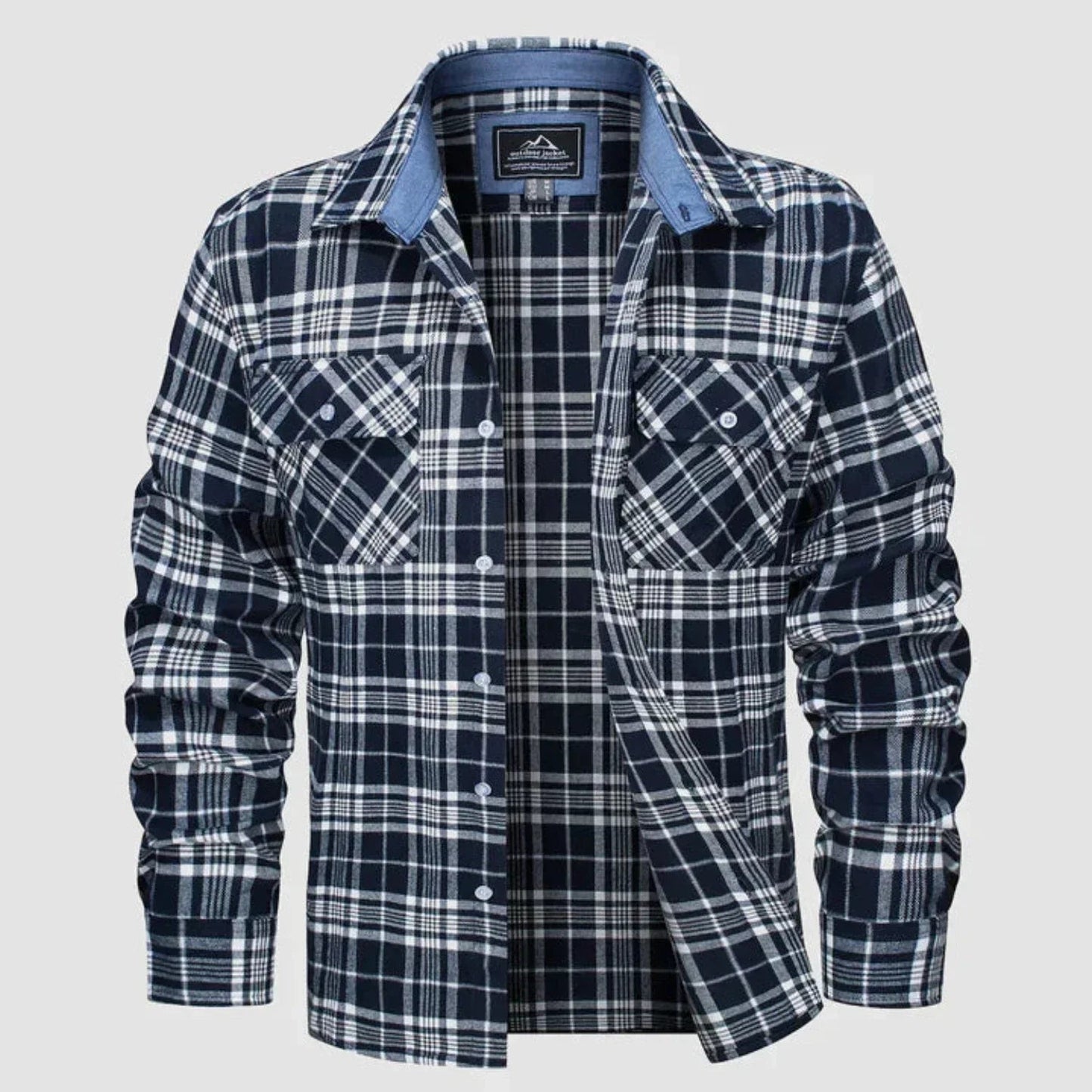 Long Sleeve Polo Shirt for Men | Plaid Pattern | navy blue