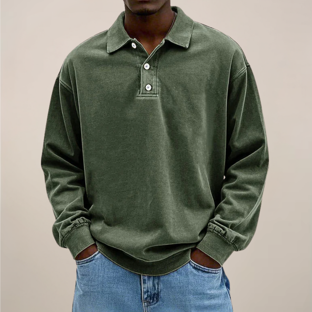 Long Sleeve Polo Shirt for Men | Soft cotton blend | Army green