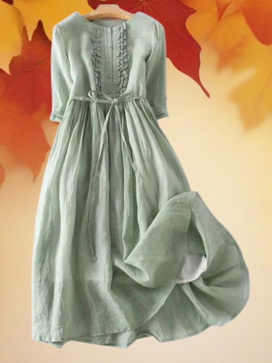 Long Sleeve Summer Linen Dress with Button Front and Adjustable Drawstring Waist | Green