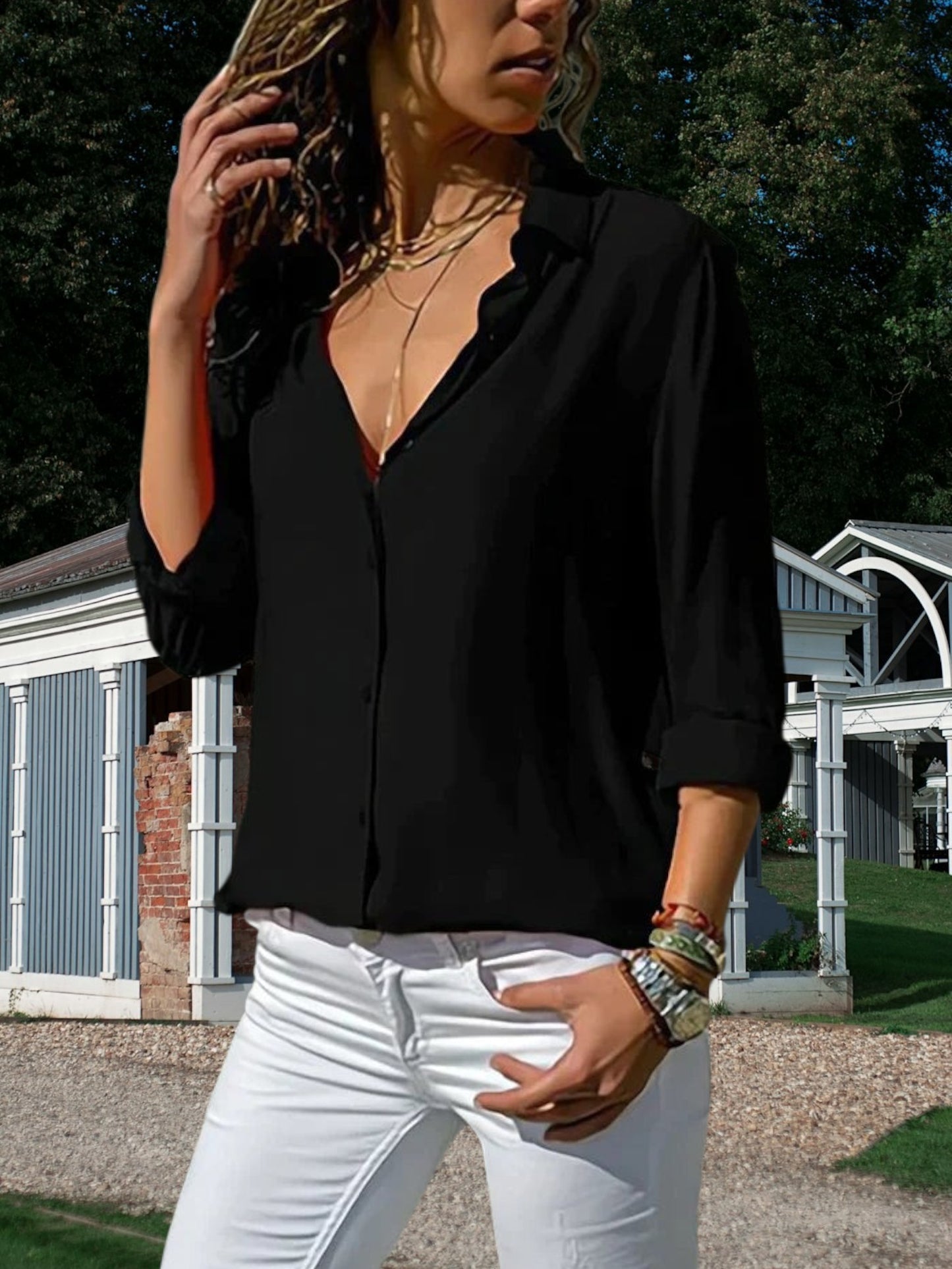 Long sleeve Chiffon Blouse with Flowing Design and Relaxed Fit | Black