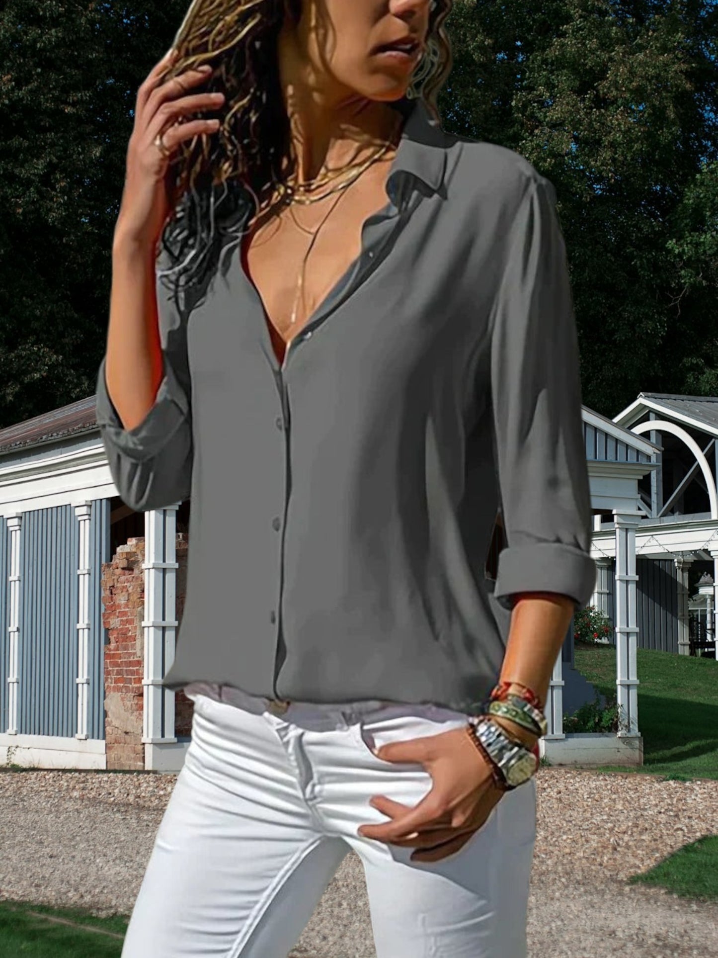 Long sleeve Chiffon Blouse with Flowing Design and Relaxed Fit | Gray