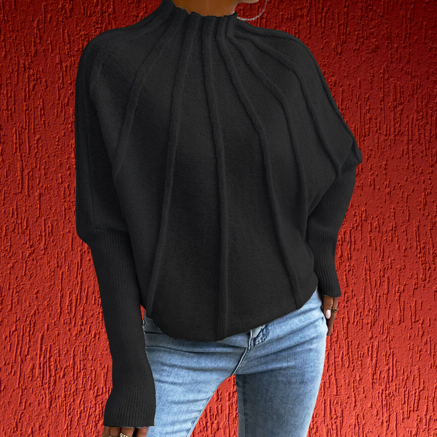 Loose-Fit Sweater with Dolman Sleeves in Soft Cotton Blend Fabric | Black