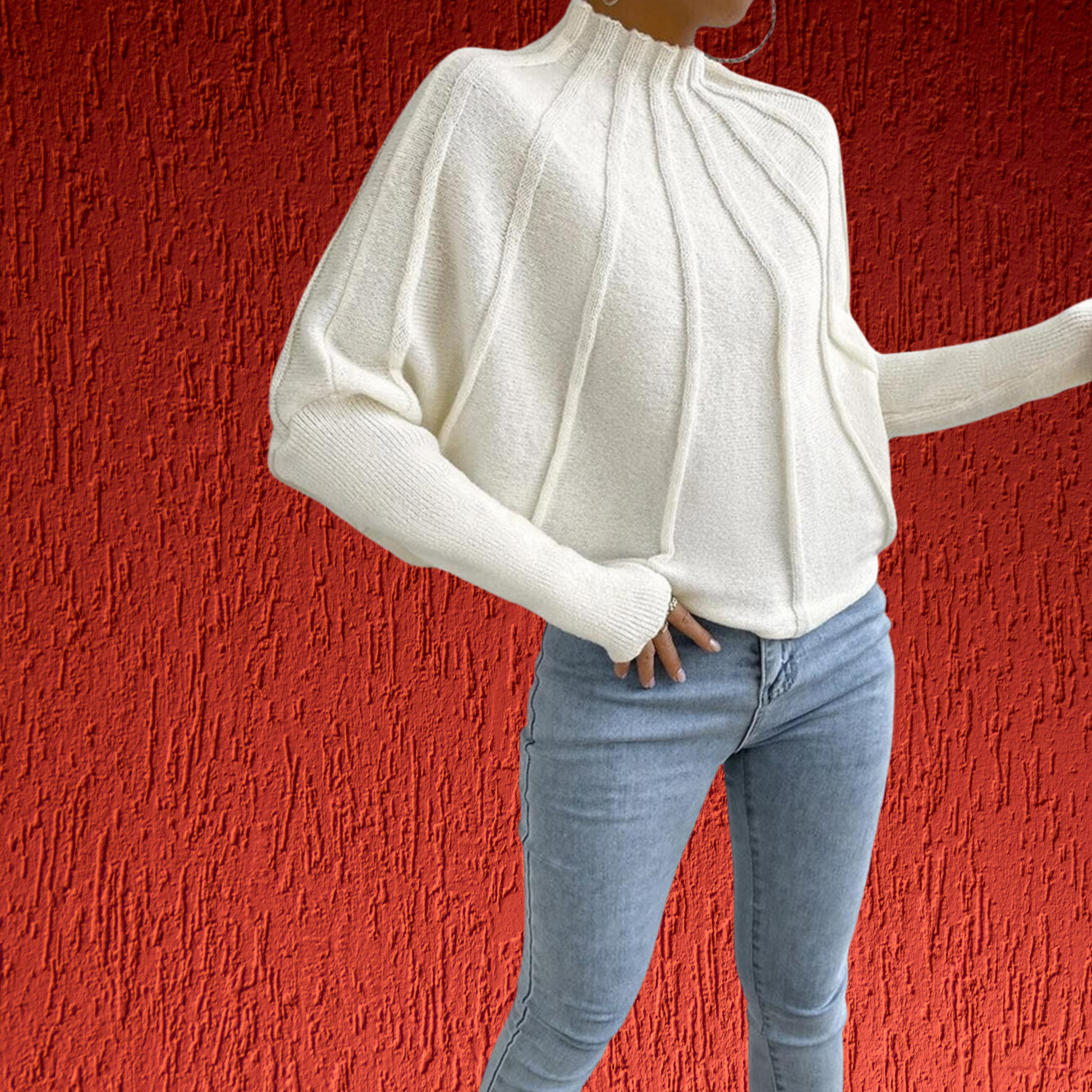 Loose-Fit Sweater with Dolman Sleeves in Soft Cotton Blend Fabric | White 2