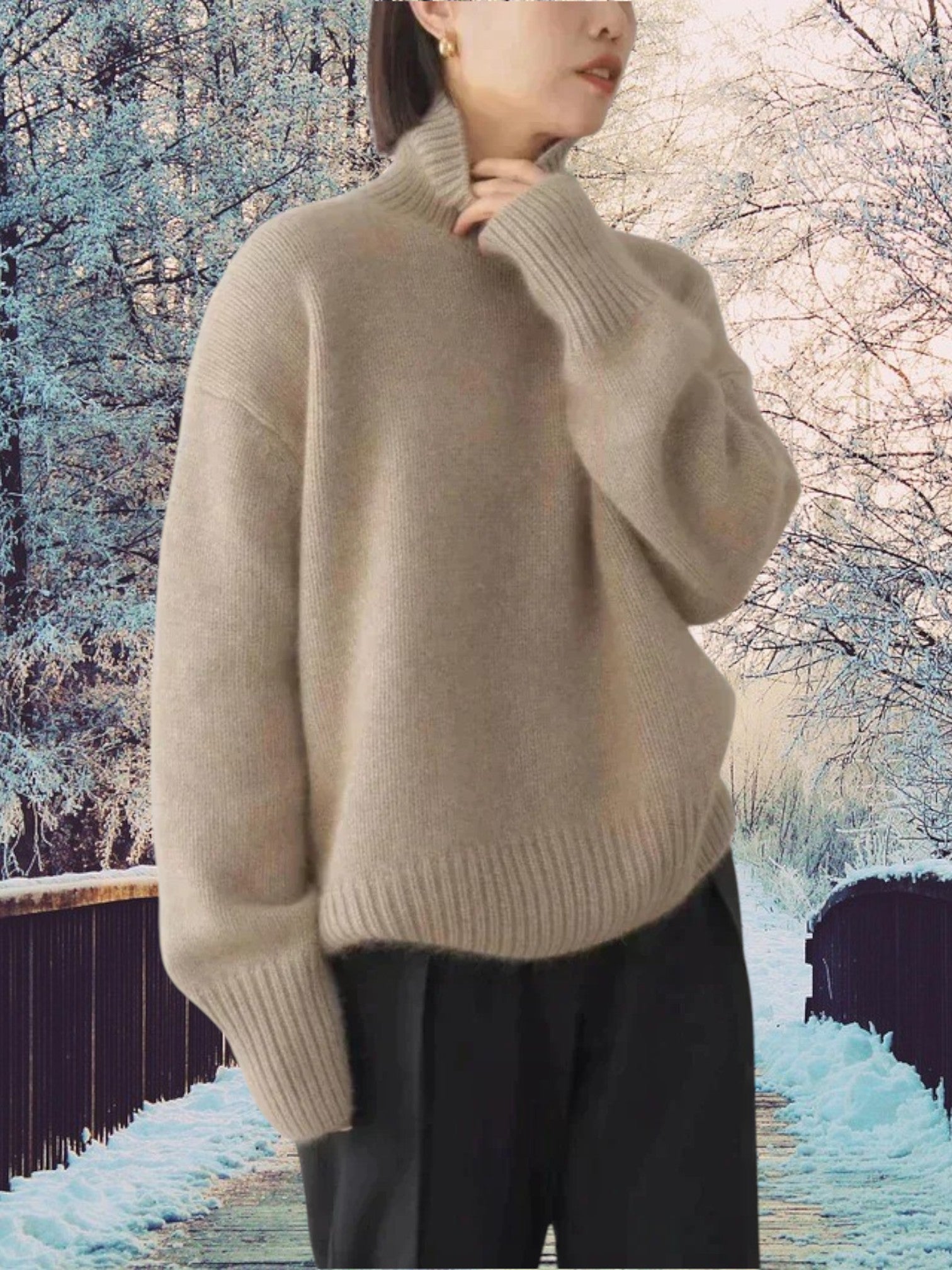 Louise | Hochwertiger Kaschmir Pullover Damen mit hohem Kragen und langen Ärmeln | khaki 2