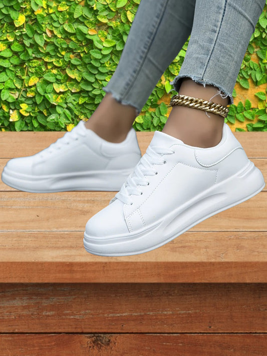Low-Top Lace-Up Sneakers with Stylish Leather Design and Thick Sole | white
